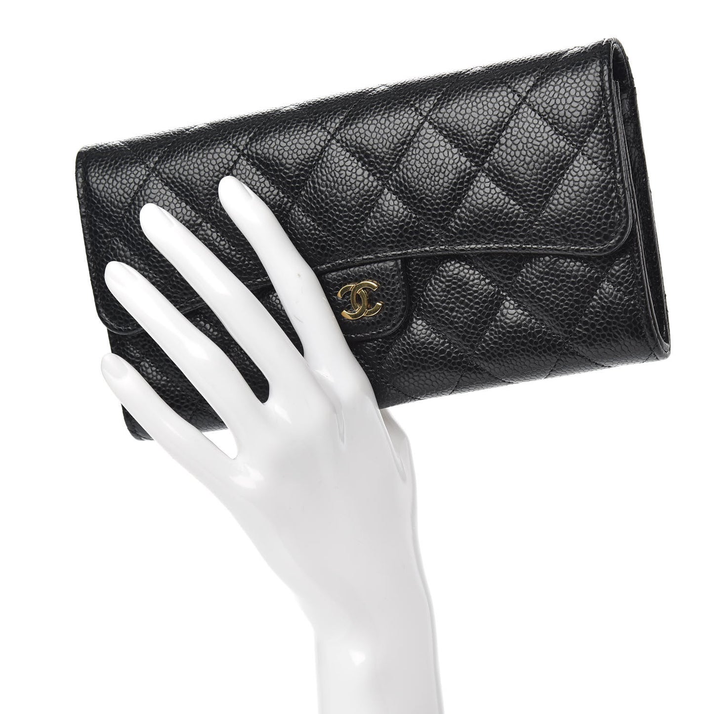 Caviar Quilted Large Gusset Flap Wallet Black