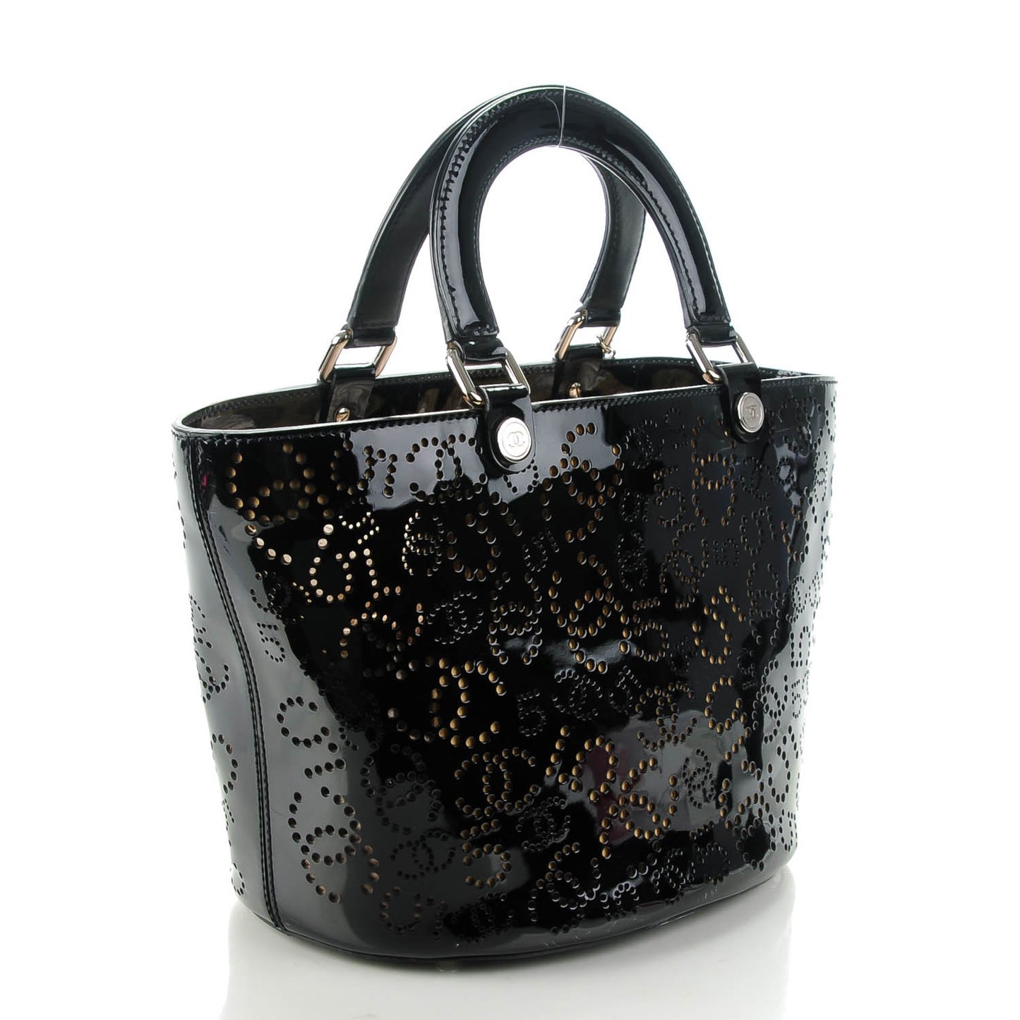Patent Perforated CC N°5 Shopping Tote Black