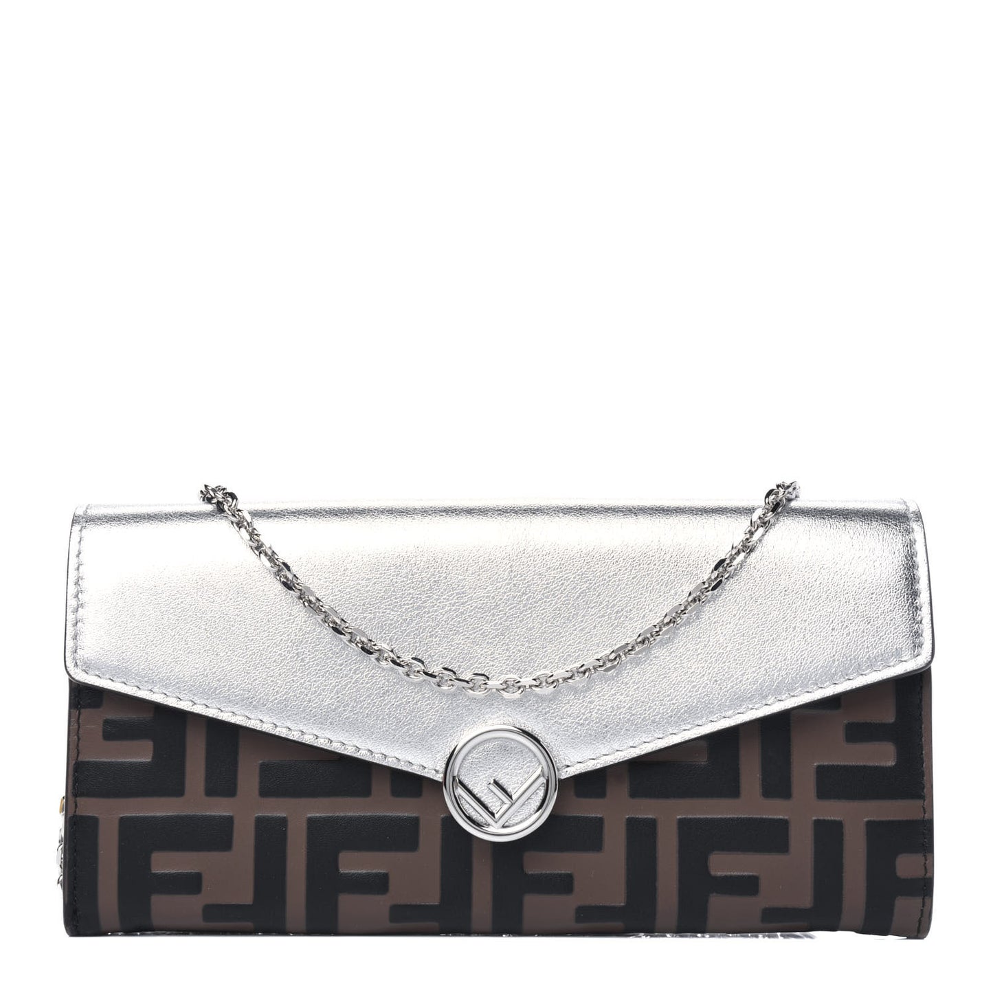 Vitello Soft Catalan Mirror F is Fendi Bi-Color FF 1974 Embossed Continental Envelope Wallet On Chain Maya Black Argento