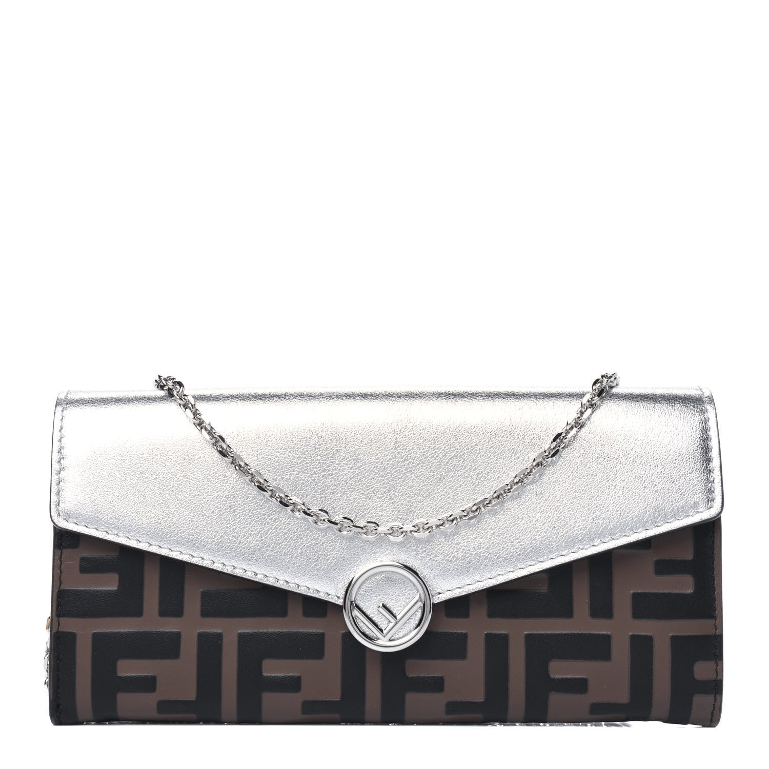 Fendi Vitello Soft Catalan Mirror F is Fendi Bi-Color FF 1974 Embossed Continental Envelope Wallet On Chain Maya Black Argento 1 of 12