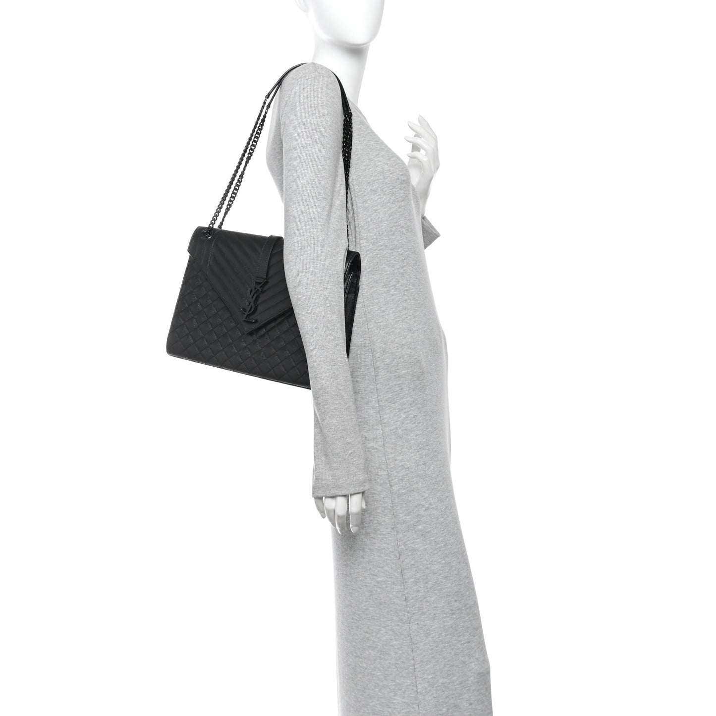 Grain De Poudre Textured Mixed Matelasse Large Triquilt Monogram Monochrome Satchel Black