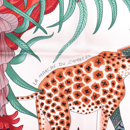 Hermes Silk La Marche Du Zambeze Scarf 90 Rose Pale Rouge Vert 3 of 6