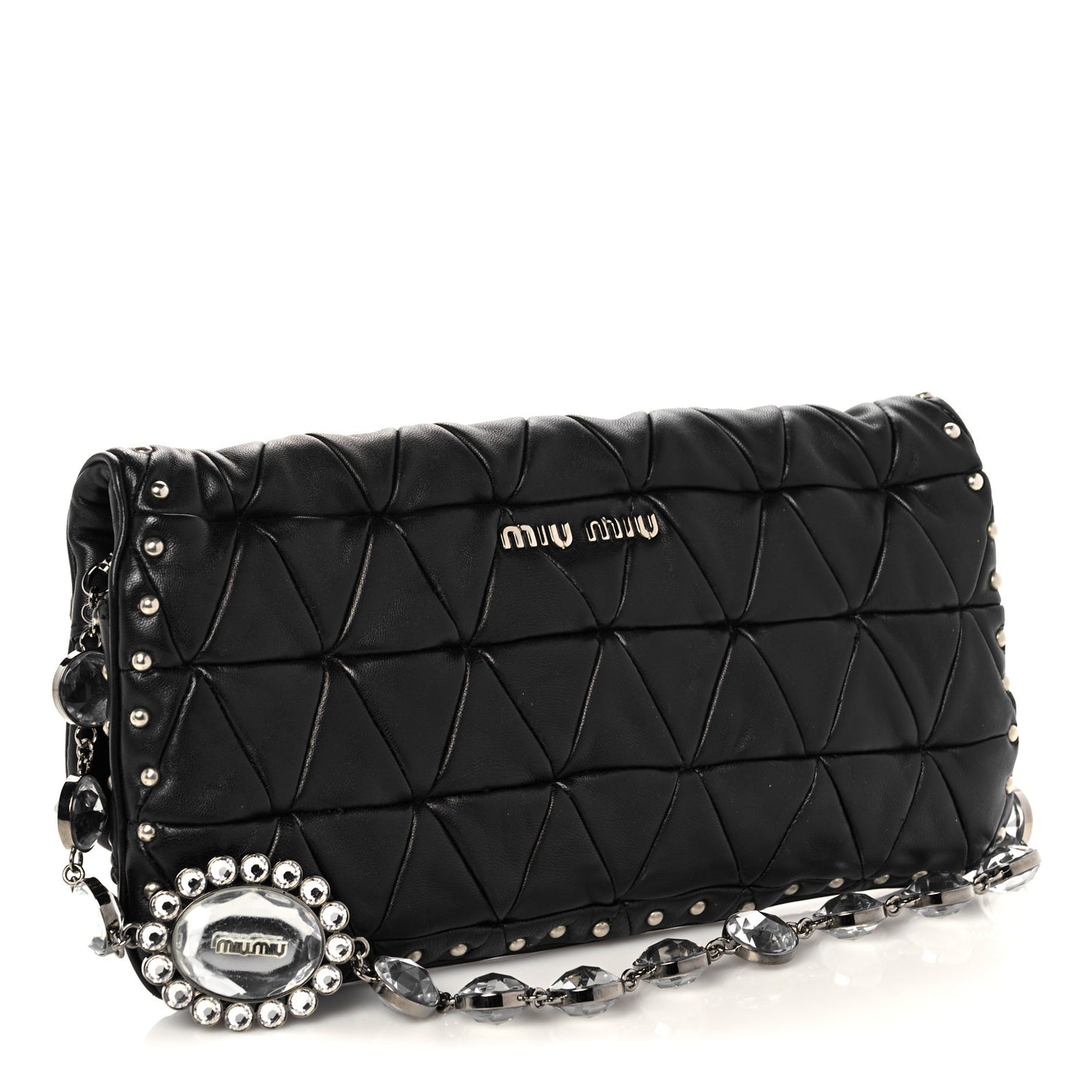 Nappa Quilted Crystal Studded Flap Clutch Black