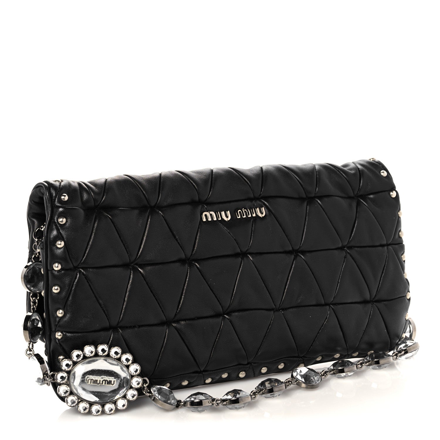Miu Miu Nappa Quilted Crystal Studded Flap Clutch Black 2 of 11
