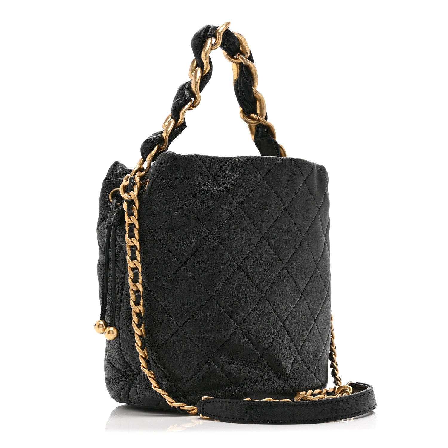 Chanel Shiny Lambskin Quilted Small Chain Is More Drawstring Bag Black 3 of 10