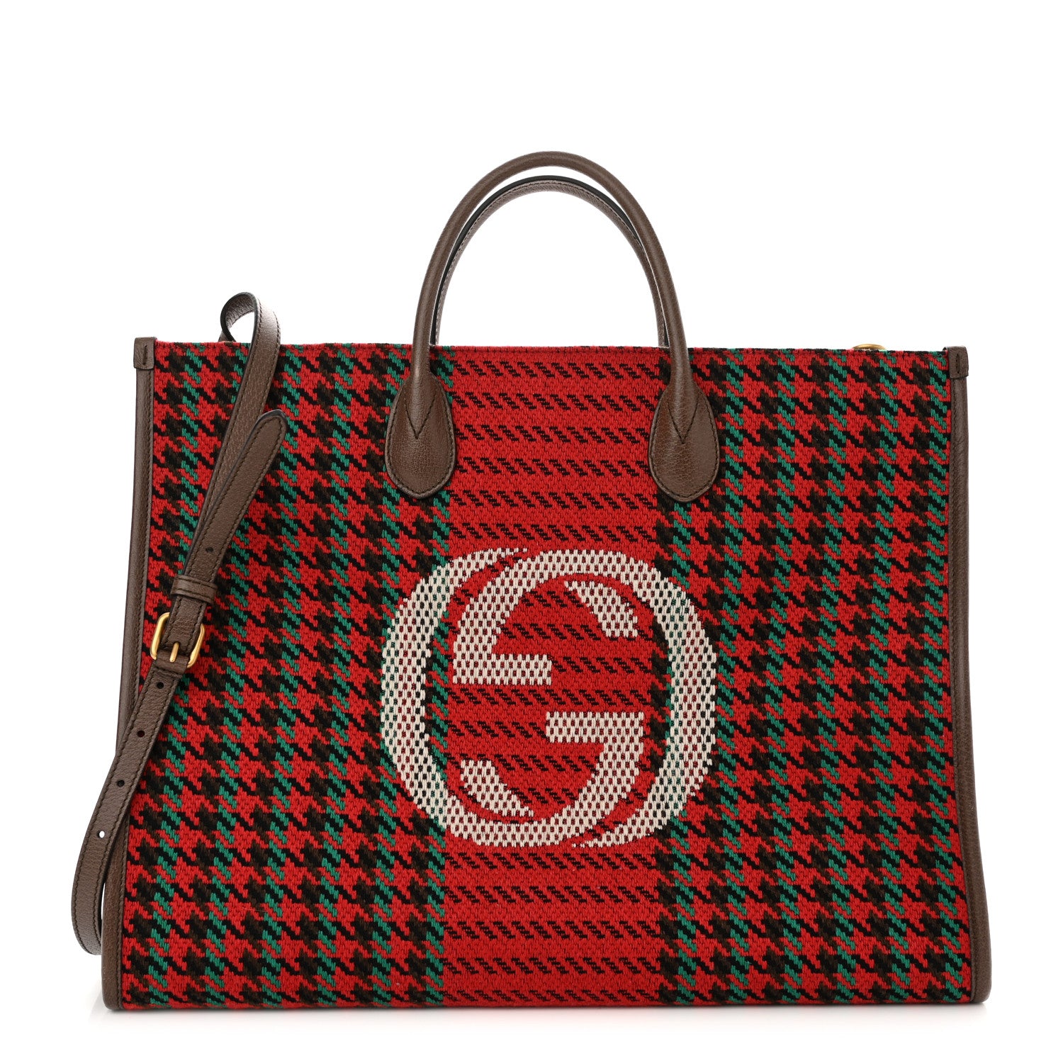 Gucci Cotton Wool Textured Calfskin Houndstooth Woven Large Interlocking G Tote Red Green Ivory Multicolor New Acero 1 of 11