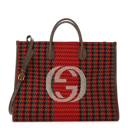 Gucci Cotton Wool Textured Calfskin Houndstooth Woven Large Interlocking G Tote Red Green Ivory Multicolor New Acero 1 of 11