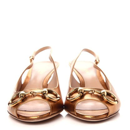 Gucci Metallic Calfskin Horsebit Peep Toe Low Heel Slingback Pumps 37.5 Gold 2 of 10