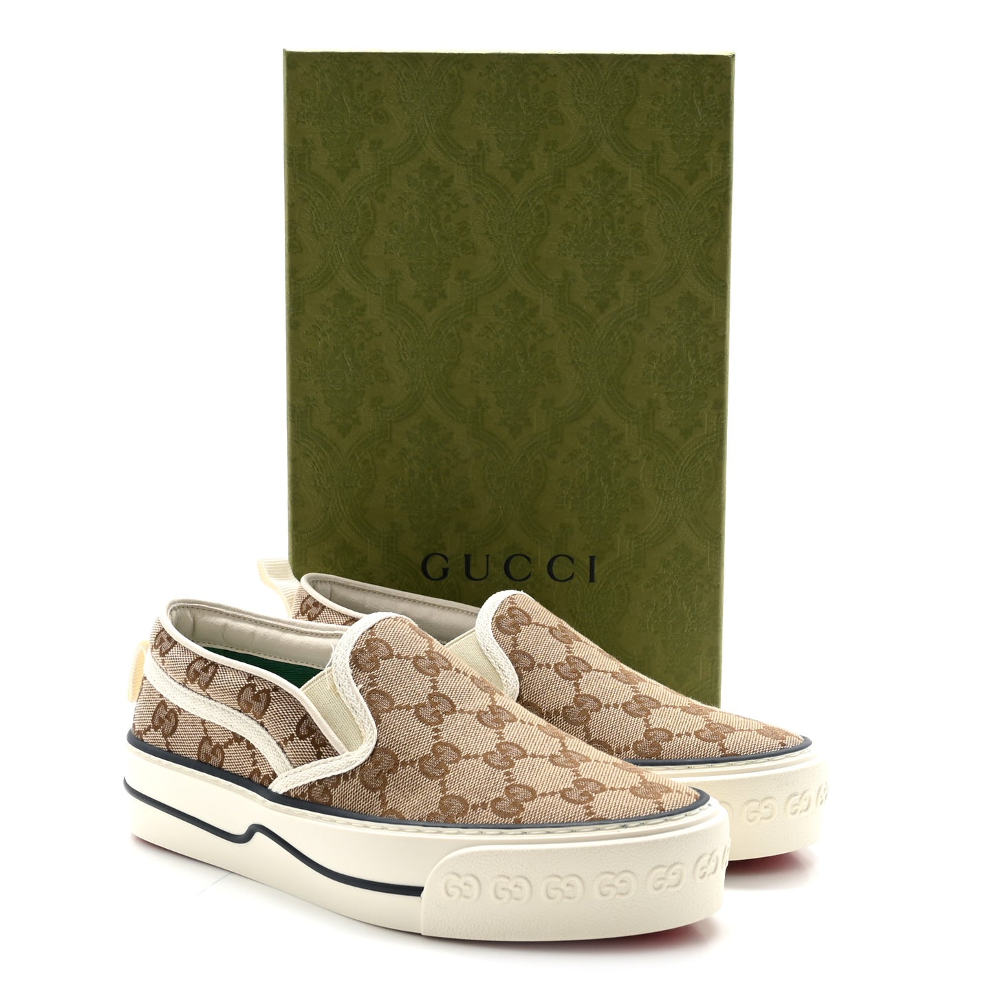 GG Monogram Womens 1977 Tennis Slip On 30mm Sneakers 36 Beige Ebony Mystic White