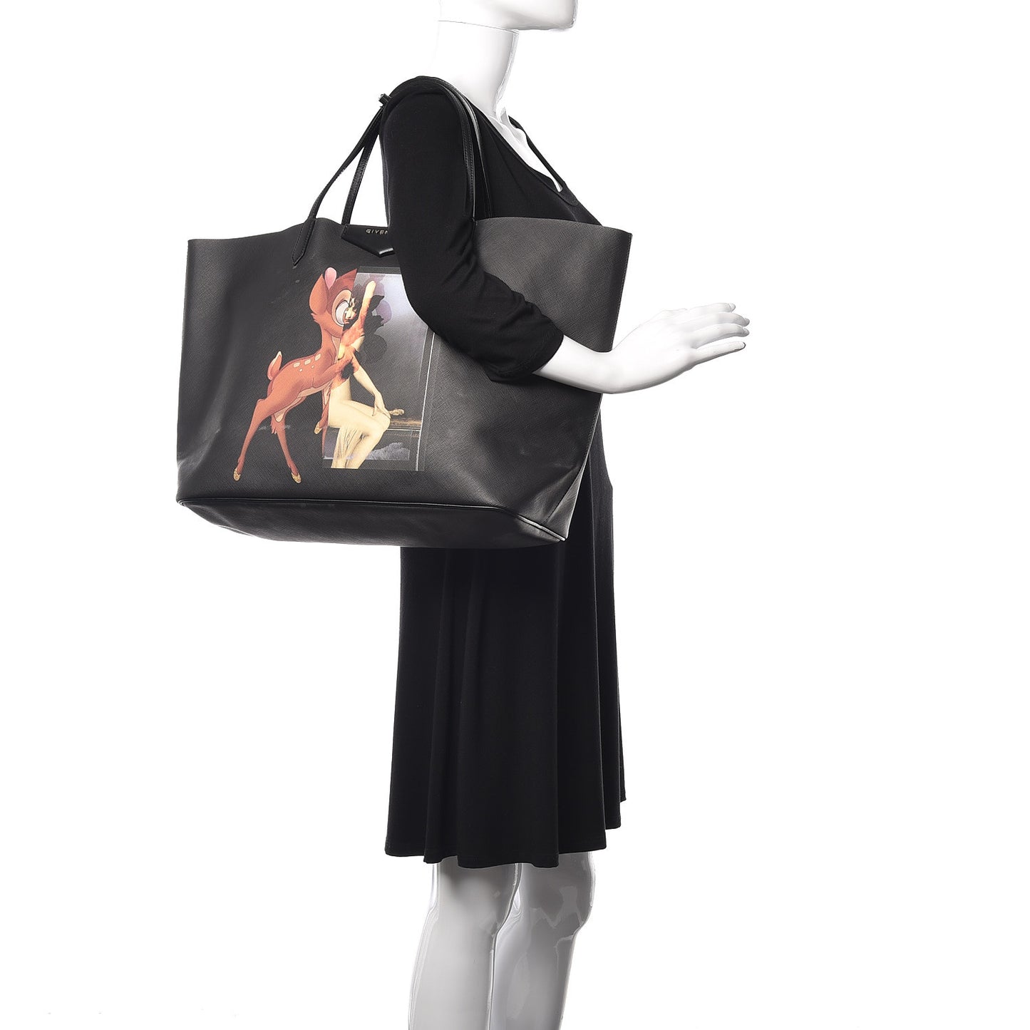 Textured Coated Canvas Bambi Print Large Antigona Tote Black