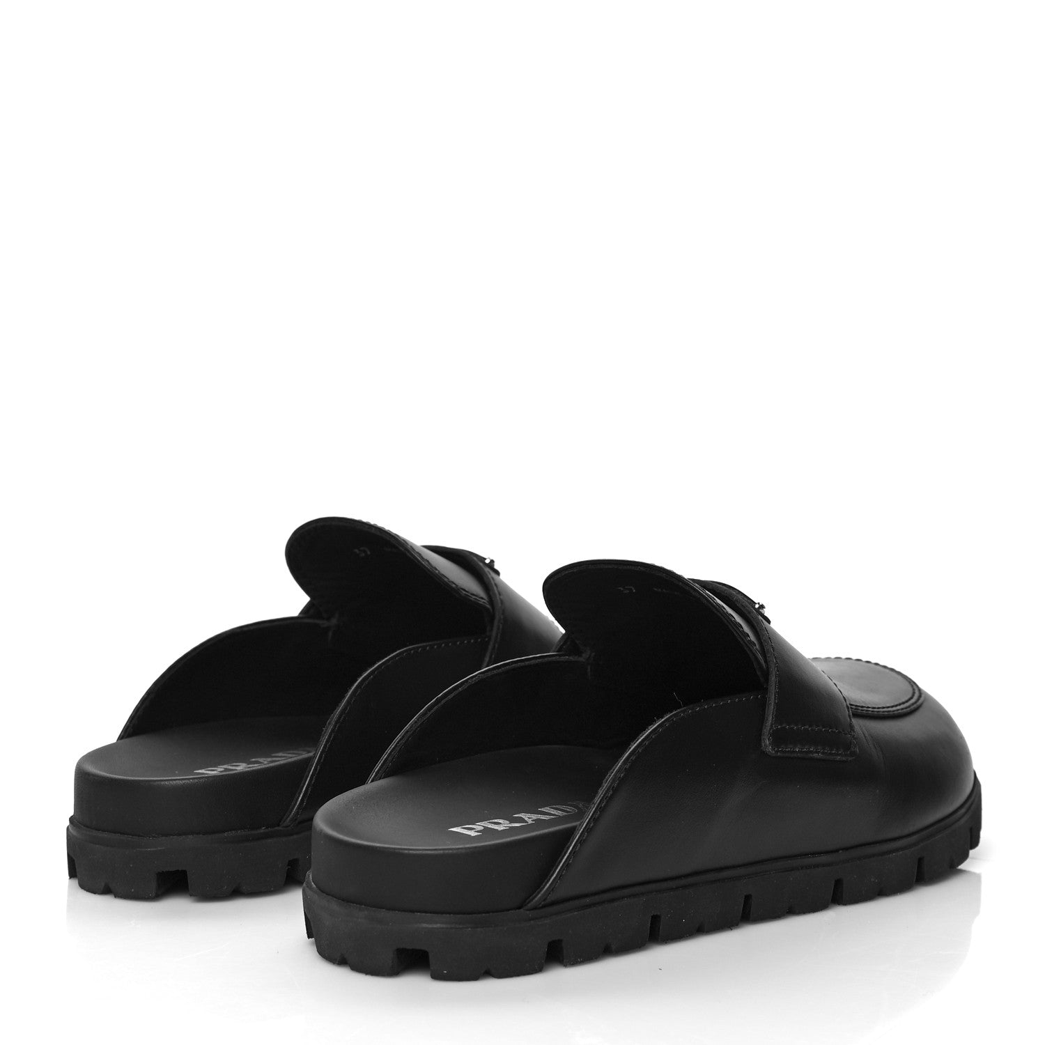 Prada City Calfskin Metal Triangle Logo 20mm Flat Mules 37 Black 4 of 8