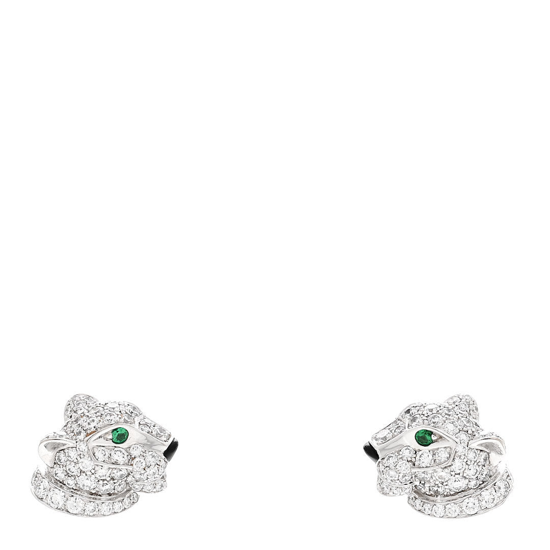 Cartier 18K White Gold Diamond Onyx Emerald Panthere Earrings 1 of 4