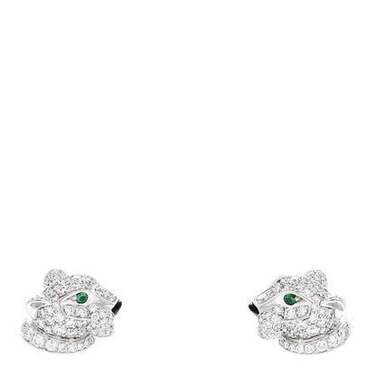 Cartier 18K White Gold Diamond Onyx Emerald Panthere Earrings 1 of 4