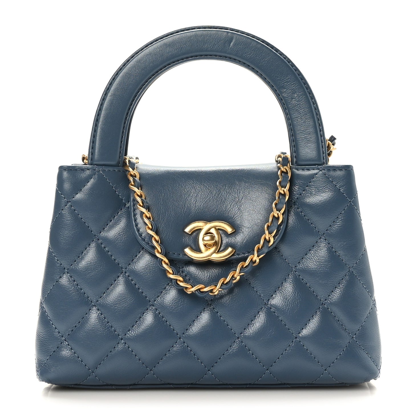 Shiny Aged Calfskin Quilted Nano Kelly Shopper Dark Blue