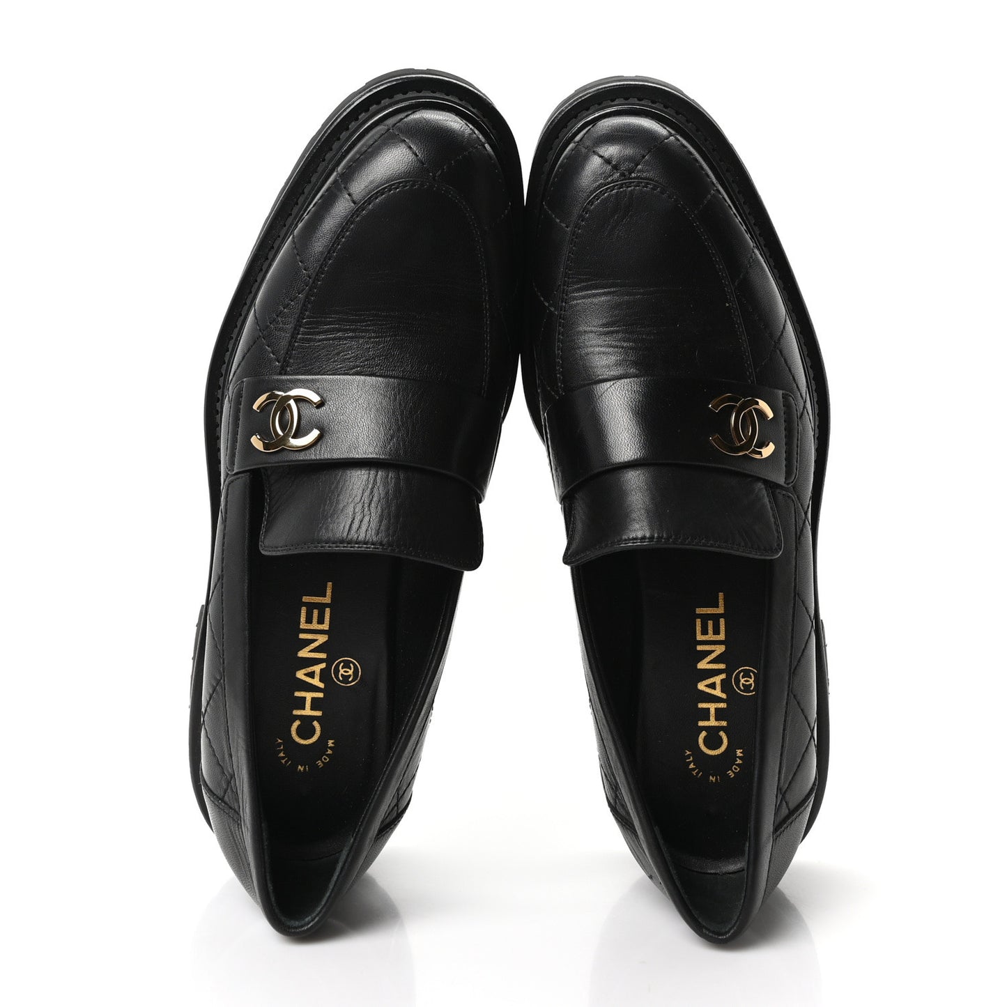 Calfskin Quilted CC Mocassin Loafers 38.5 Black