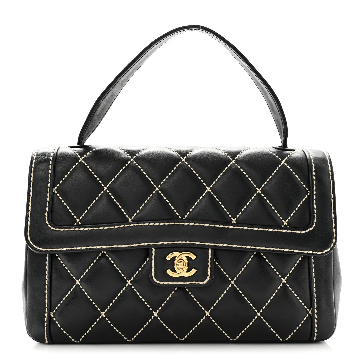 Calfskin Quilted Wild Stitch Large Top Handle Flap Black
