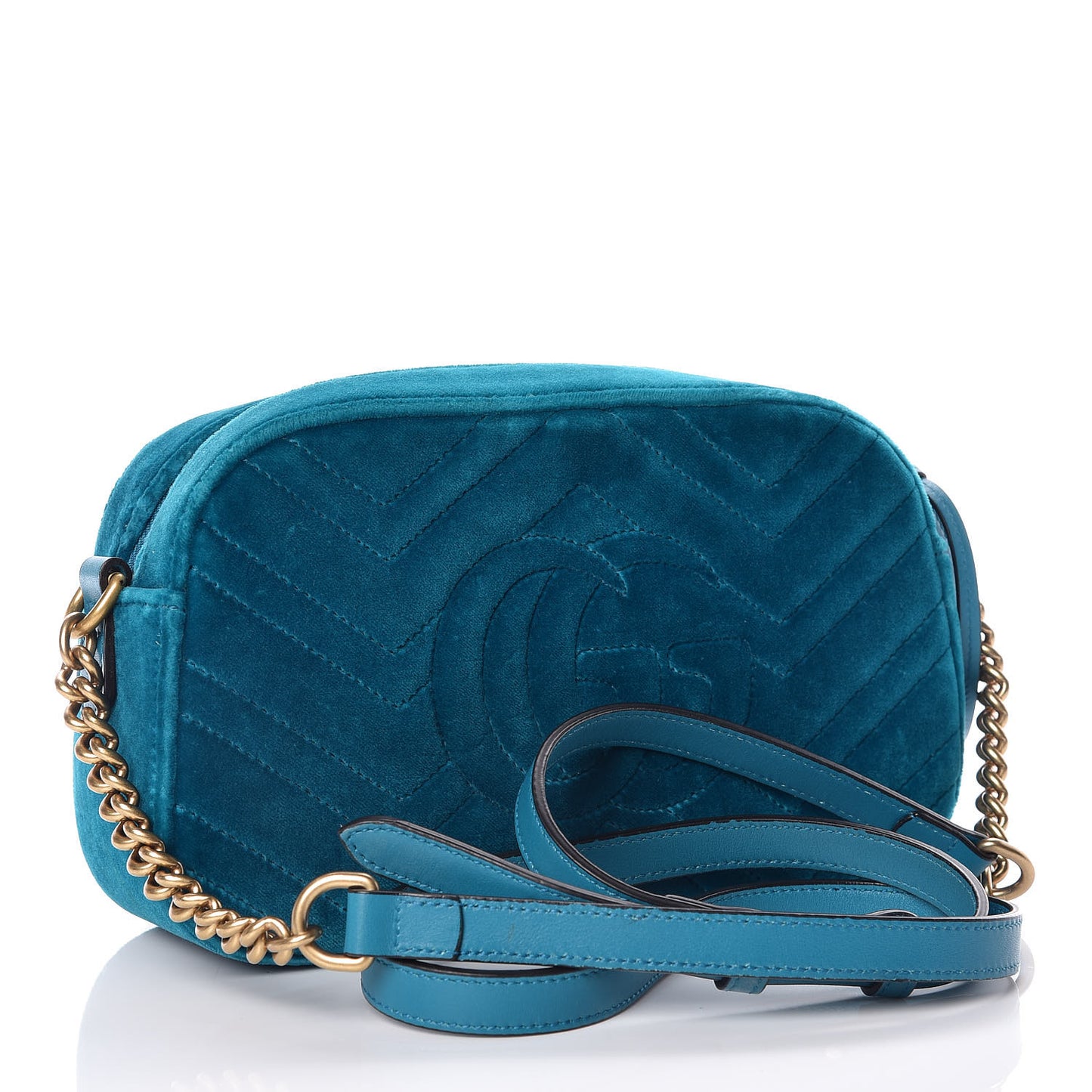 Velvet Matelasse Small GG Marmont Chain Shoulder Bag Pavone Cyan