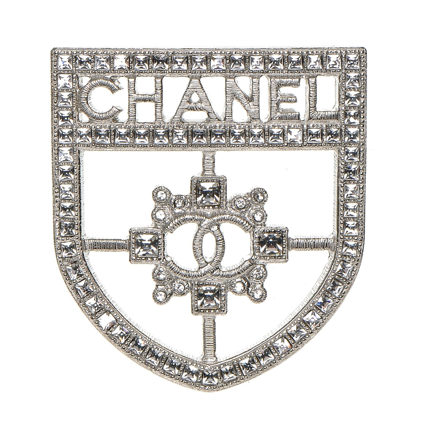 Chanel Swarovski Baguette Crystal CC Shield Brooch Silver 1 of 4