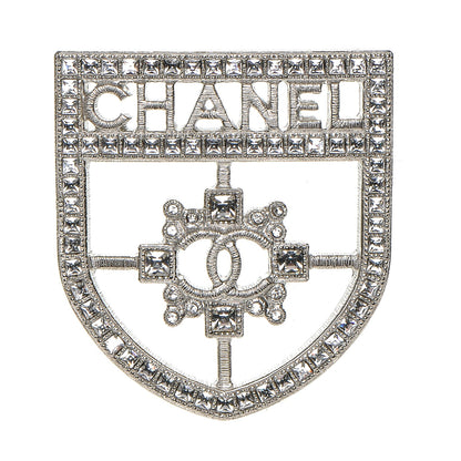 Chanel Swarovski Baguette Crystal CC Shield Brooch Silver 1 of 4