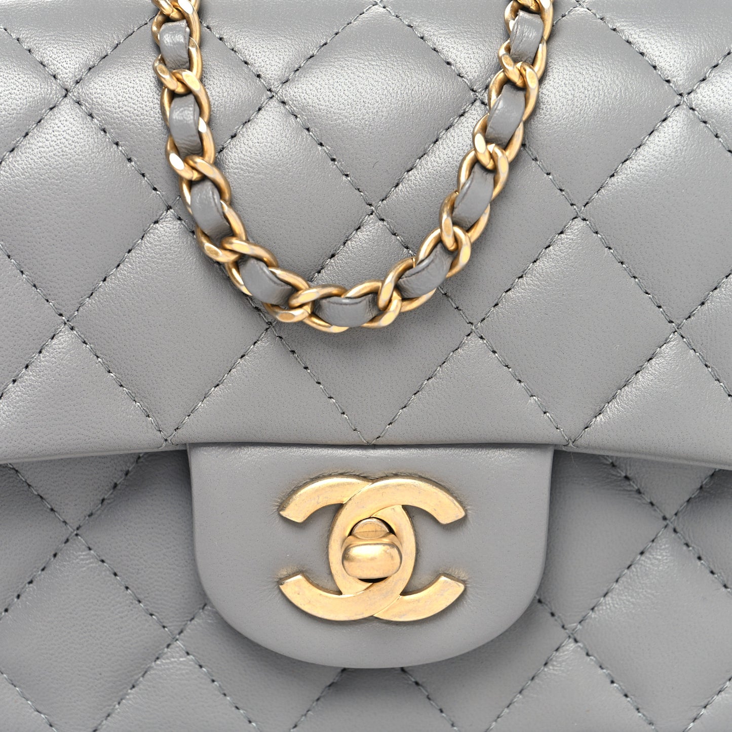 Lambskin Metal Quilted Mini Top Handle Rectangular Flap Grey