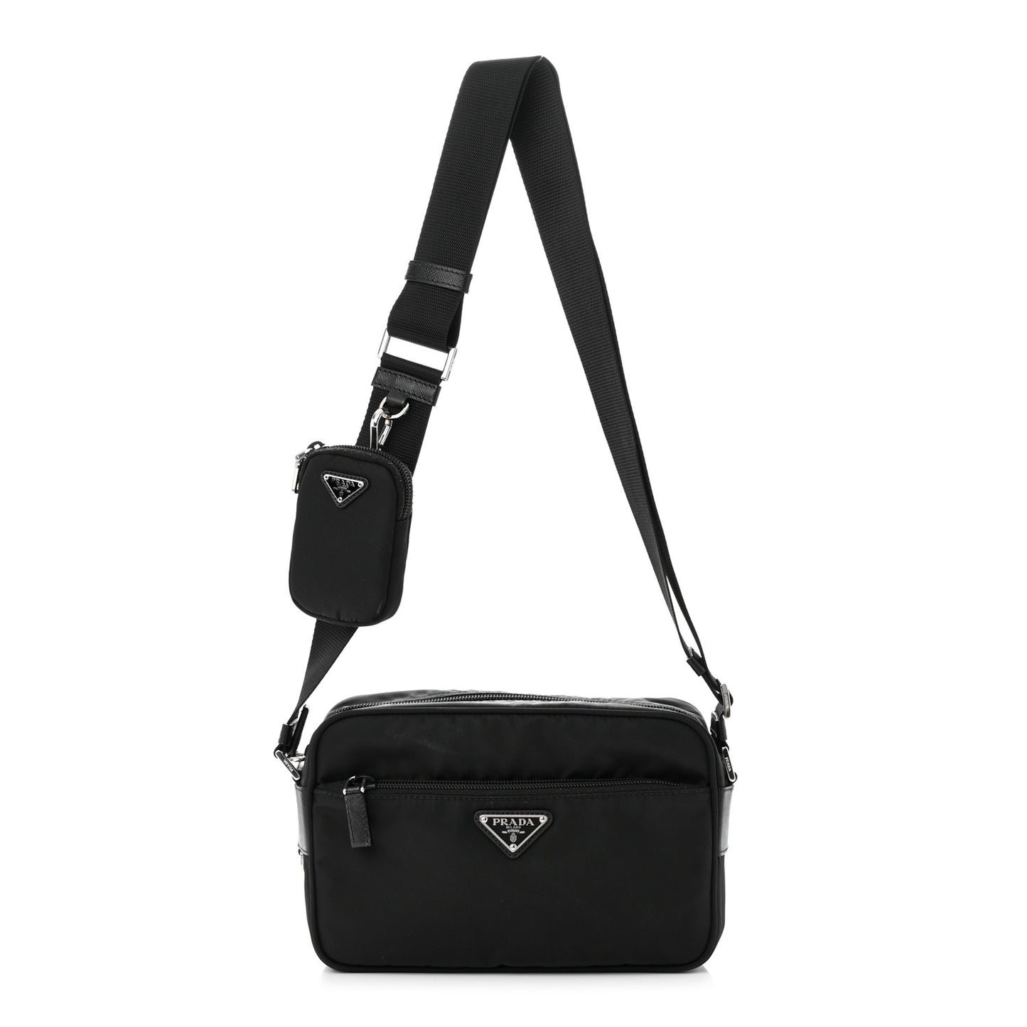Re-Nylon Vela Saffiano Pocket Double Zip Shoulder Bag Black