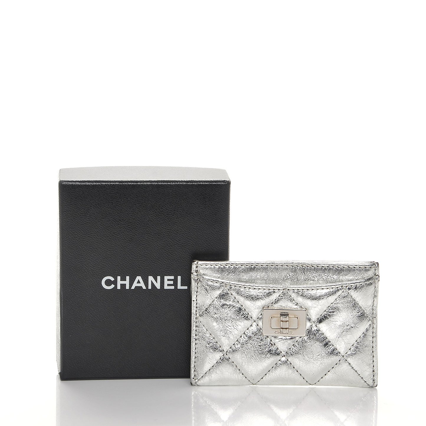 Metallic Aged Calfskin Quilted Reissue Card Holder Silver