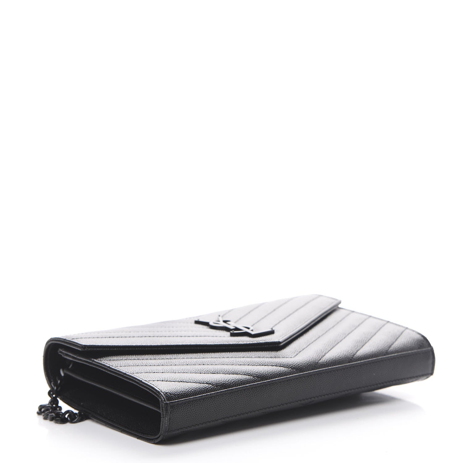 Saint Laurent Grain De Poudre Matelasse Chevron Monogram Chain Wallet Black 3 of 9