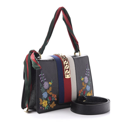 Gucci Calfskin Embroidered Small Sylvie Shoulder Bag Black 3 of 10