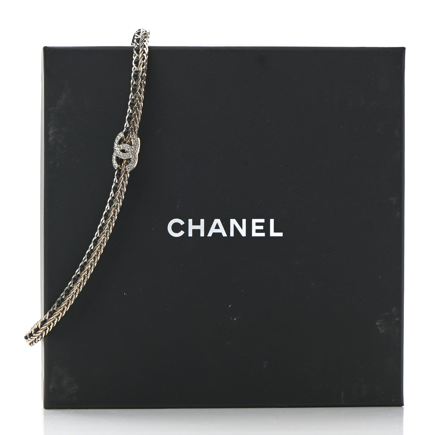 Metal Lambskin Crystal Chain CC Necklace Black Gold