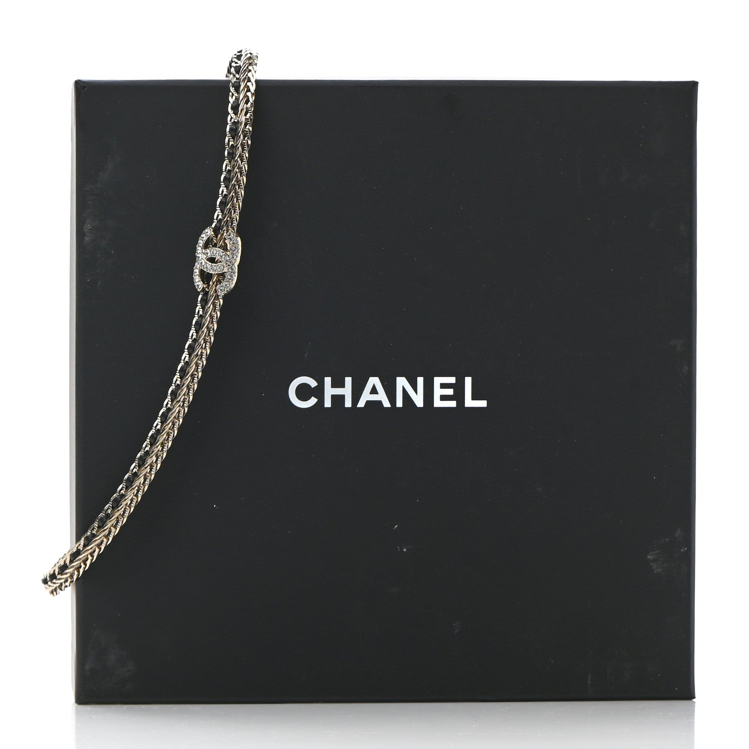 Chanel Metal Lambskin Crystal Chain CC Necklace Black Gold 7 of 7