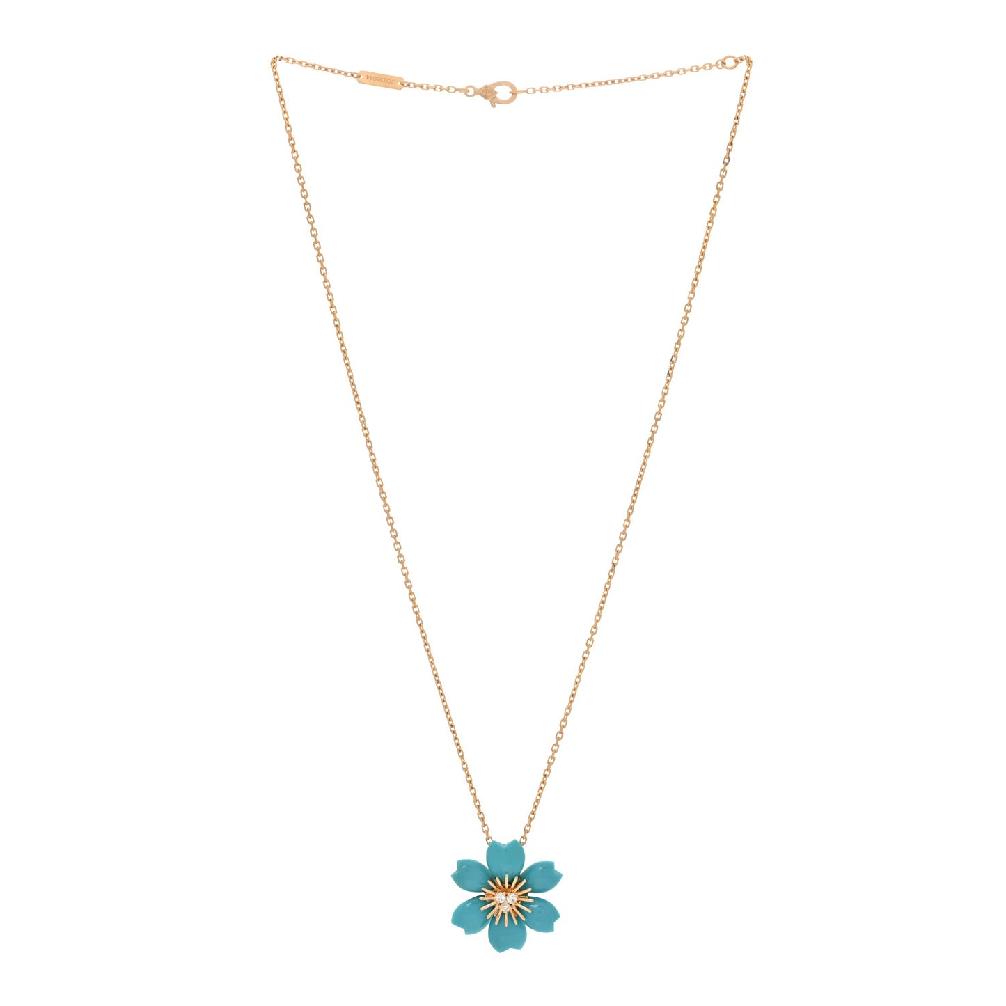 18K Yellow Gold Diamond Turquoise Mini Rose De Noel Pendant Necklace