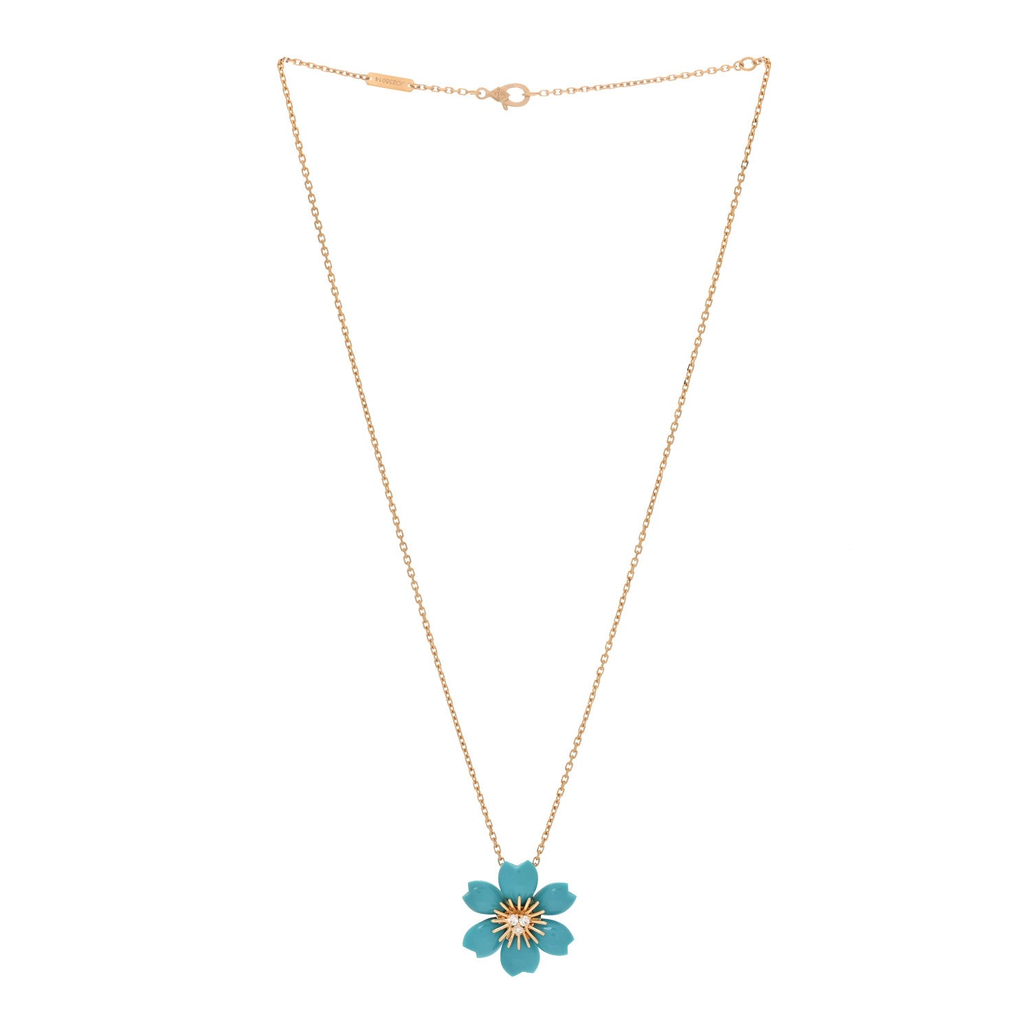 Van Cleef & Arpels 18K Yellow Gold Diamond Turquoise Mini Rose De Noel Pendant Necklace 3 of 7