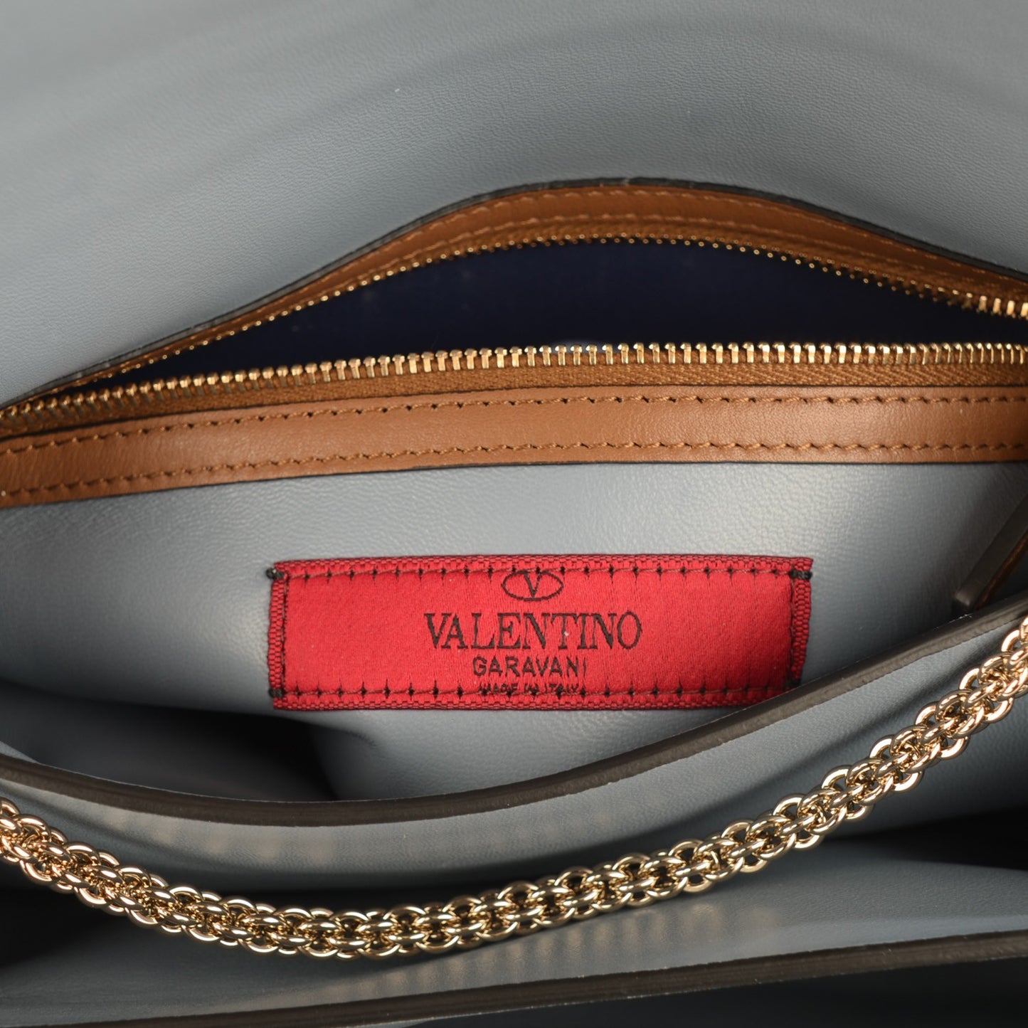 Vitello Rockstud Crossbody Flap Brown Sky Blue