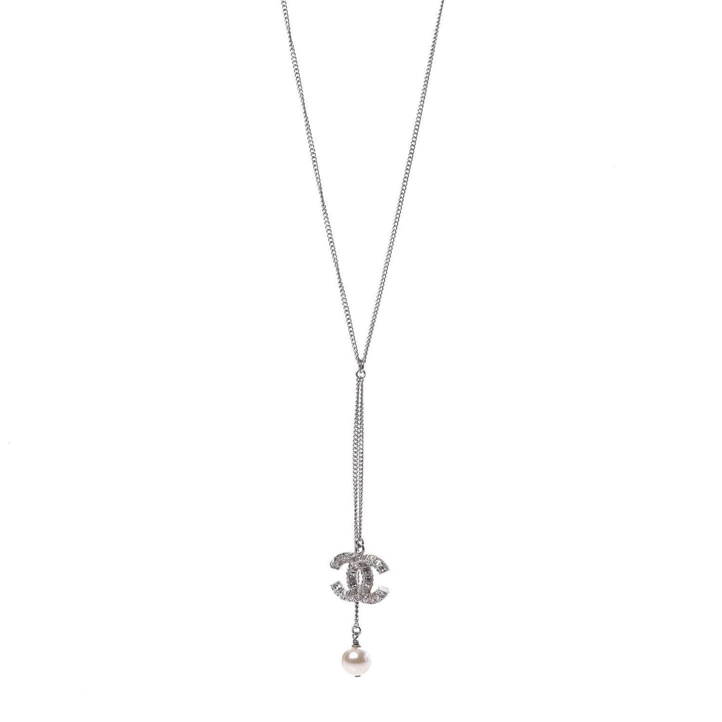 Baguette Crystal Pearl CC Lariat Necklace Silver