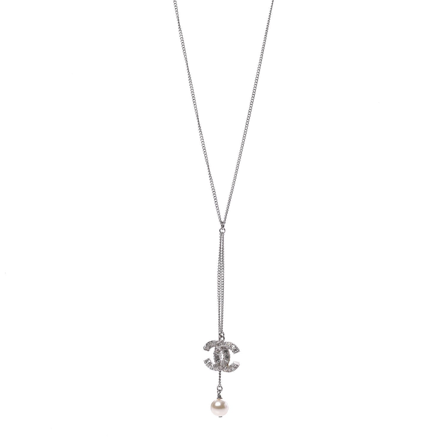 Chanel Baguette Crystal Pearl CC Lariat Necklace Silver 1 of 7