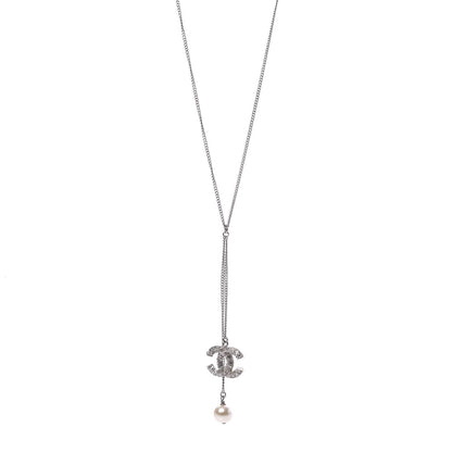 Chanel Baguette Crystal Pearl CC Lariat Necklace Silver 1 of 7
