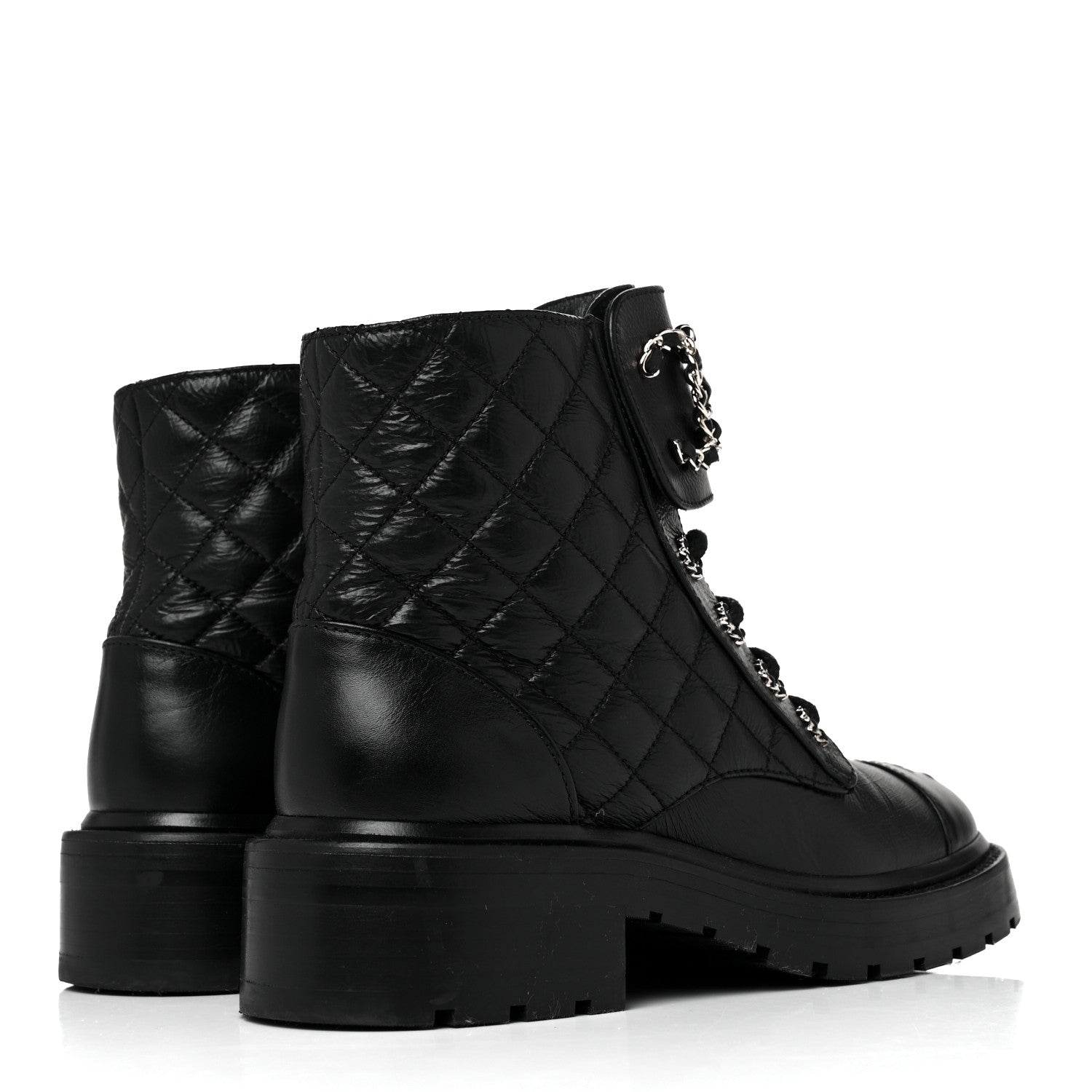 Chanel Shiny Goatskin Calfskin Quilted Lace Up Combat Boots 37 Black 4 of 8