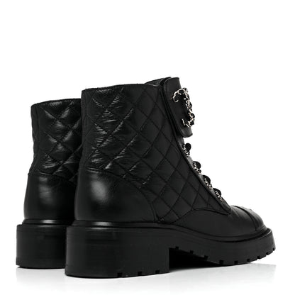Chanel Shiny Goatskin Calfskin Quilted Lace Up Combat Boots 37 Black 4 of 8