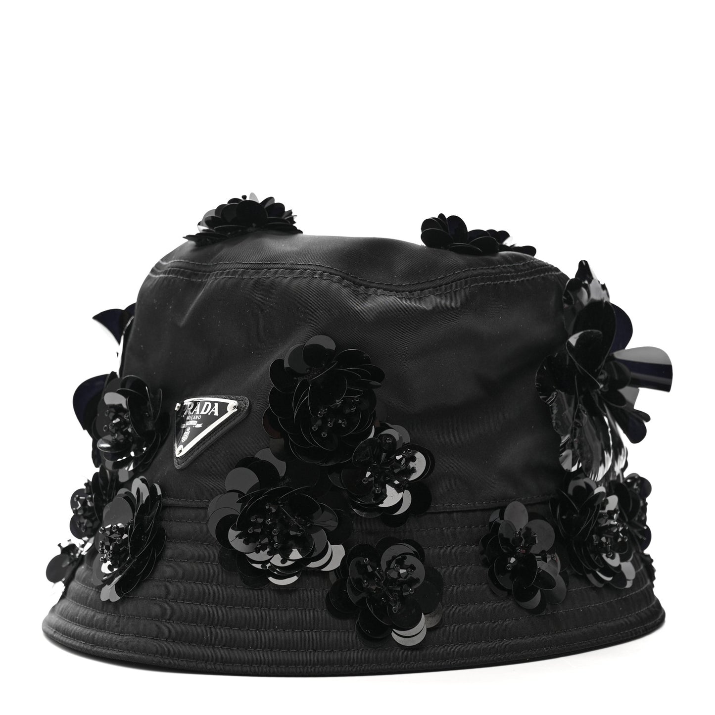 Re-Nylon Metal Triangle Logo Sequin Floral Embellished Bucket Hat L Black
