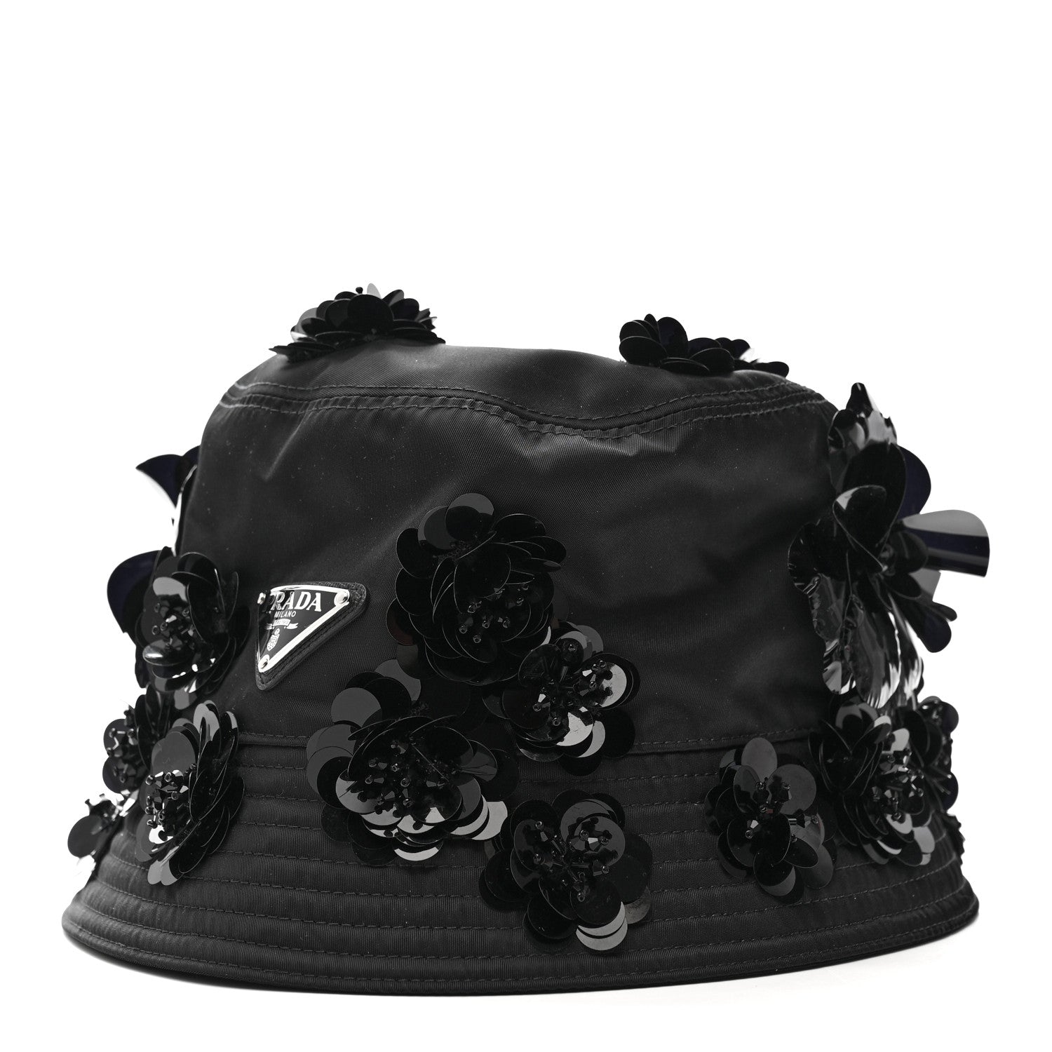 Prada Re-Nylon Metal Triangle Logo Sequin Floral Embellished Bucket Hat L Black 1 of 8