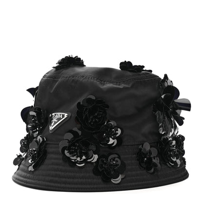 Prada Re-Nylon Metal Triangle Logo Sequin Floral Embellished Bucket Hat L Black 1 of 8