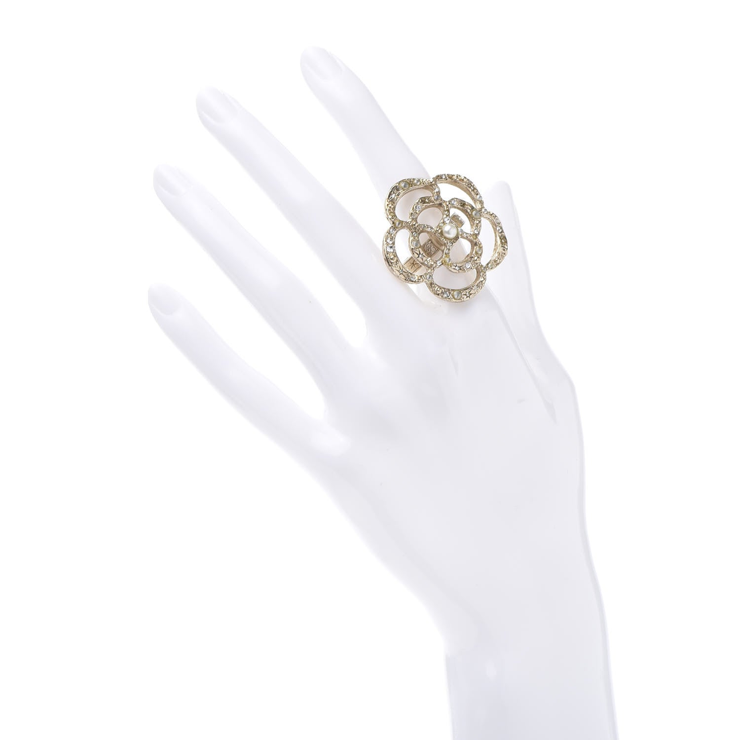 Chanel Crystal Pearl CC Camellia Ring Gold 2 of 6