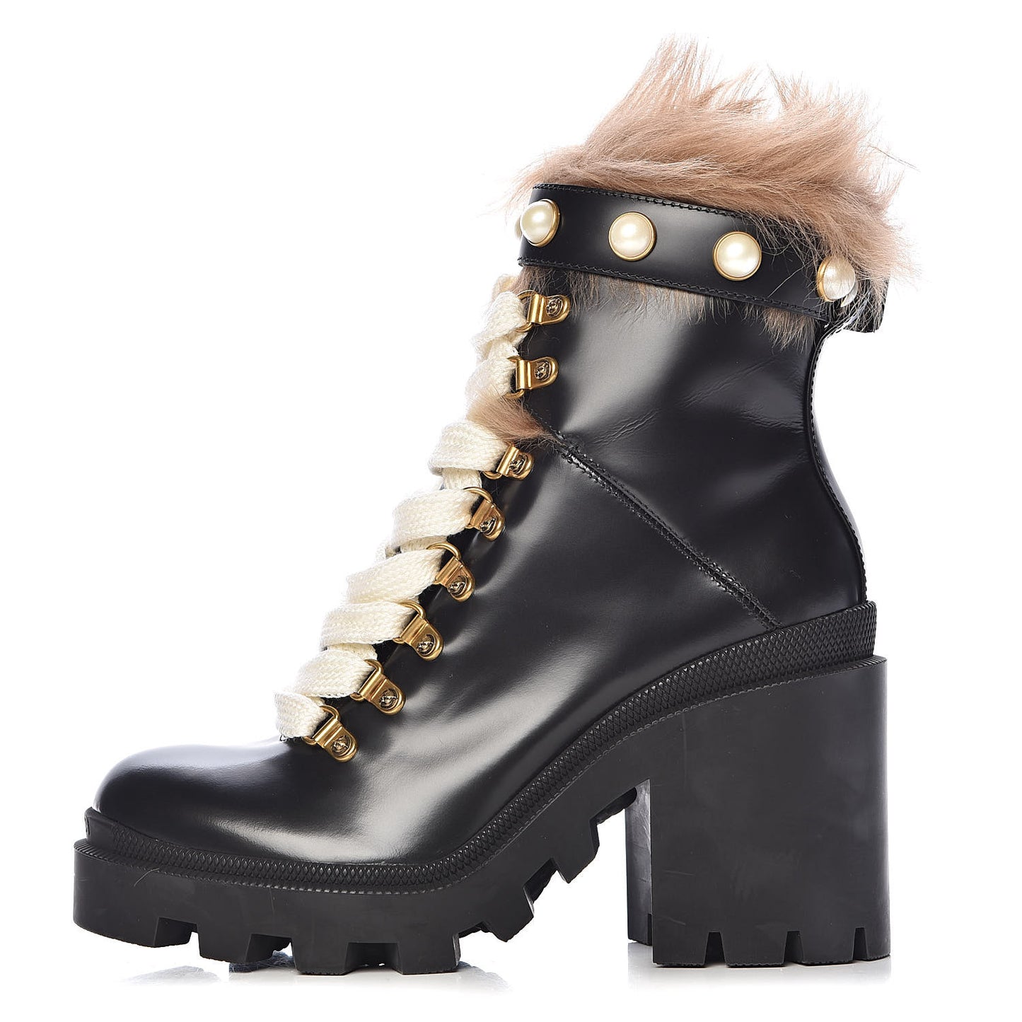 Magnum Calfskin Fur Pearl Lace Up Combat Ankle Boots 37.5 Black Naturale