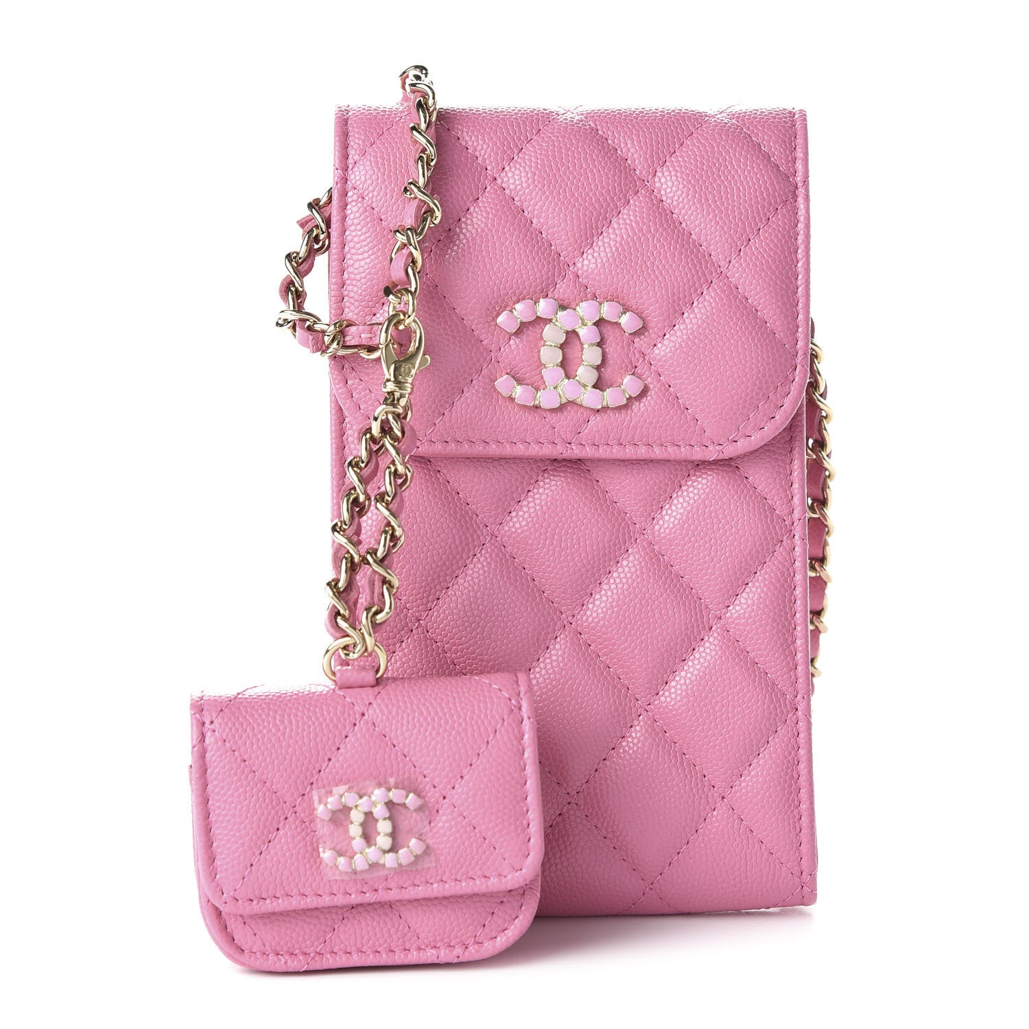 Chanel Caviar Quilted Crystal CC Airpods Pro and Phone Case With Chain Pink 1 of 13
