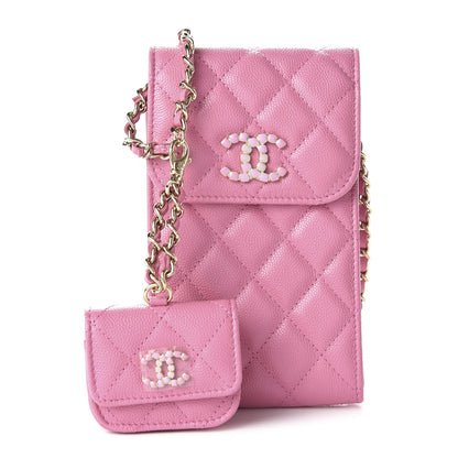 Chanel Caviar Quilted Crystal CC Airpods Pro and Phone Case With Chain Pink 1 of 13