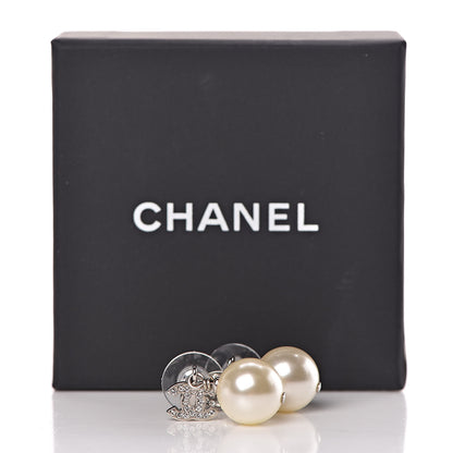 Chanel Crystal Pearl CC Drop Earrings Silver Pearly White 5 of 5