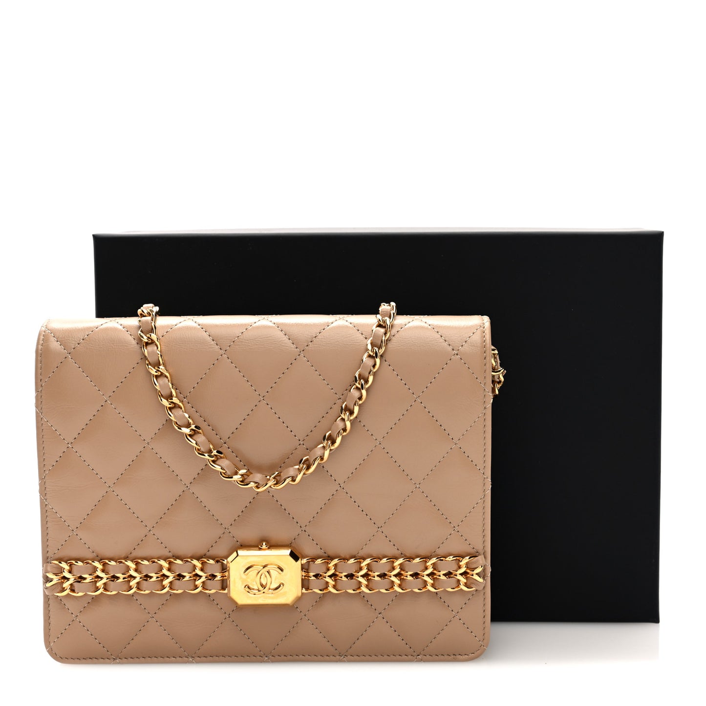 Shiny Aged Calfskin Quilted Clutch With Chain Dark Beige