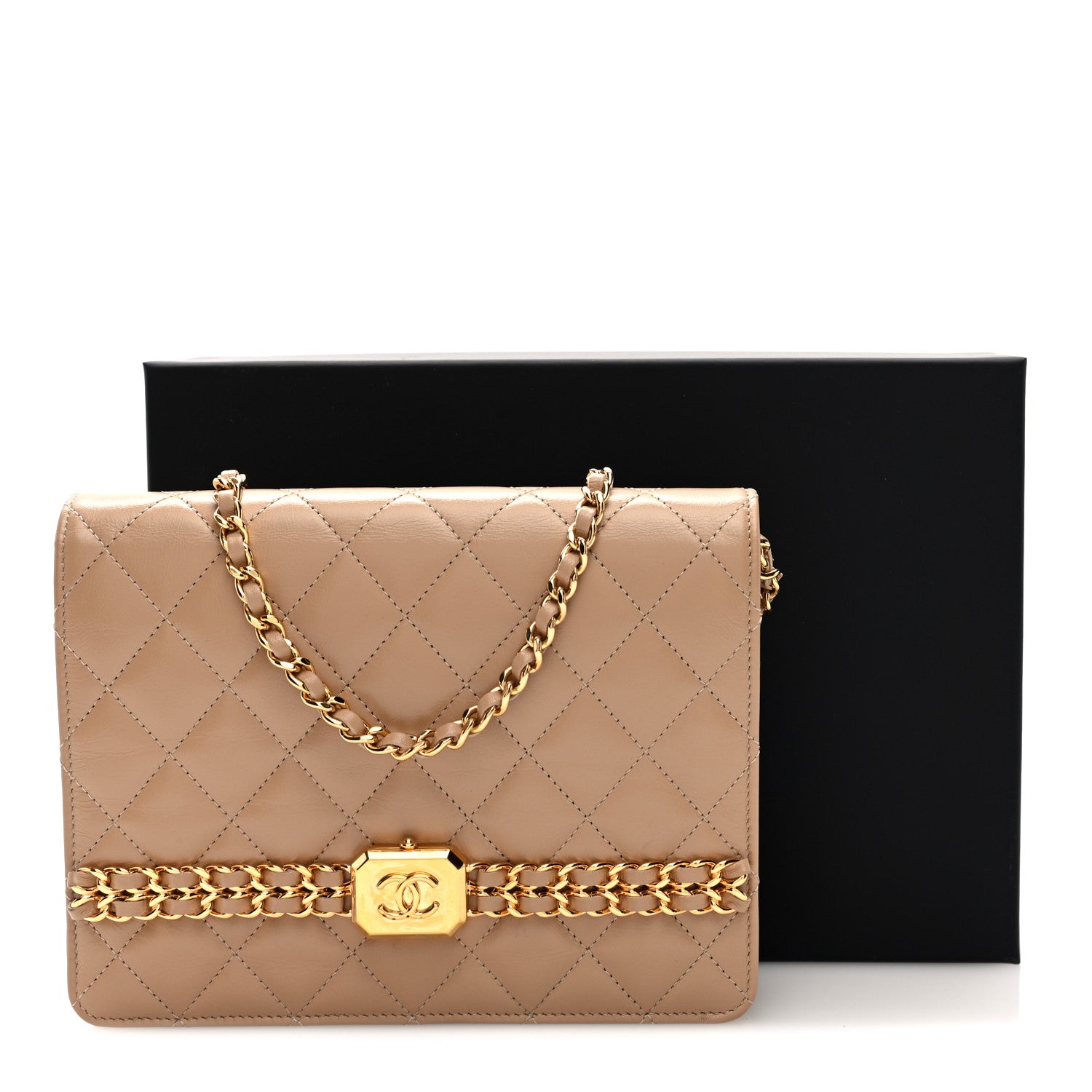Chanel Shiny Aged Calfskin Quilted Clutch With Chain Dark Beige 12 of 12