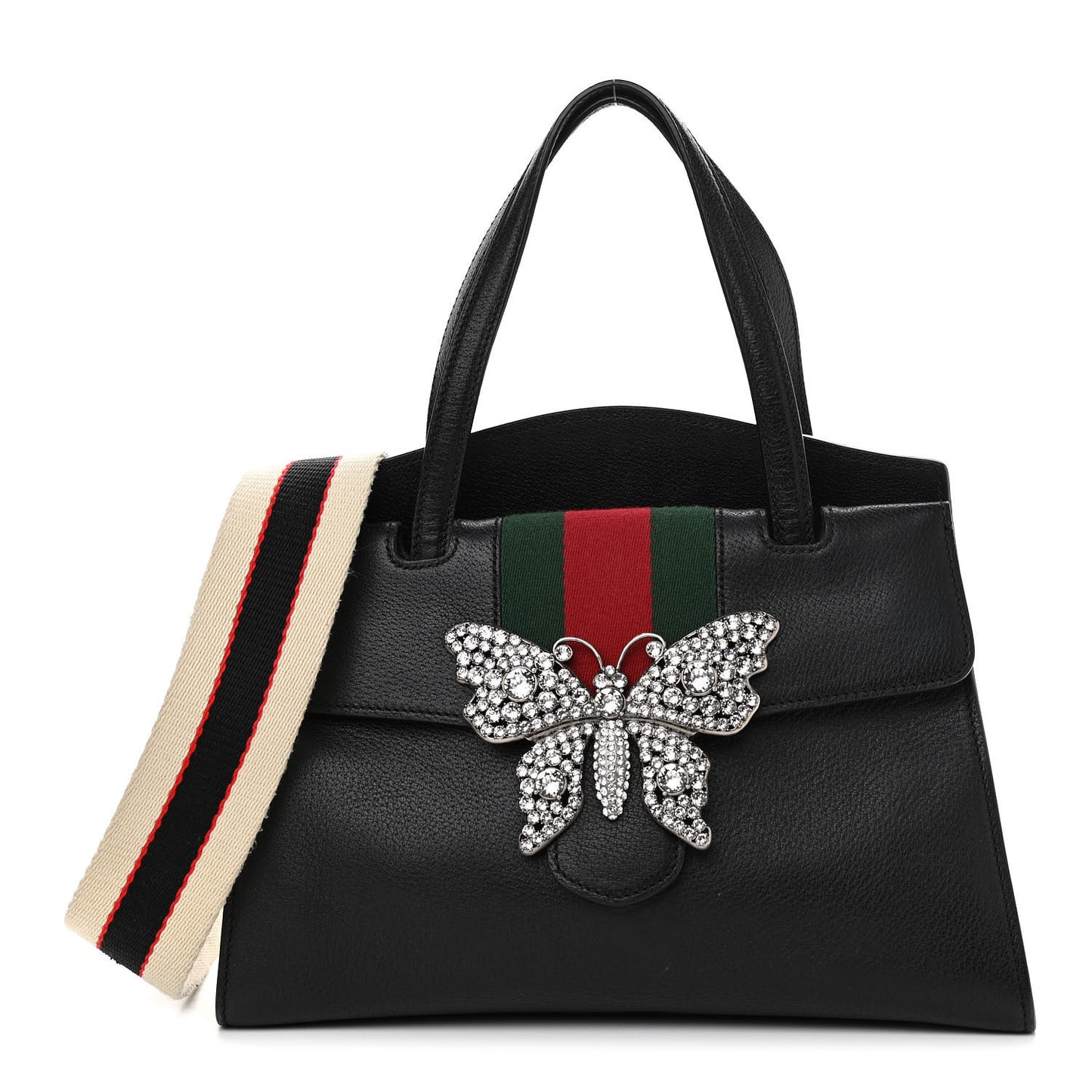 Grained Calfskin Web Crystal Butterfly Stripe Medium Totem Top Handle Bag Black