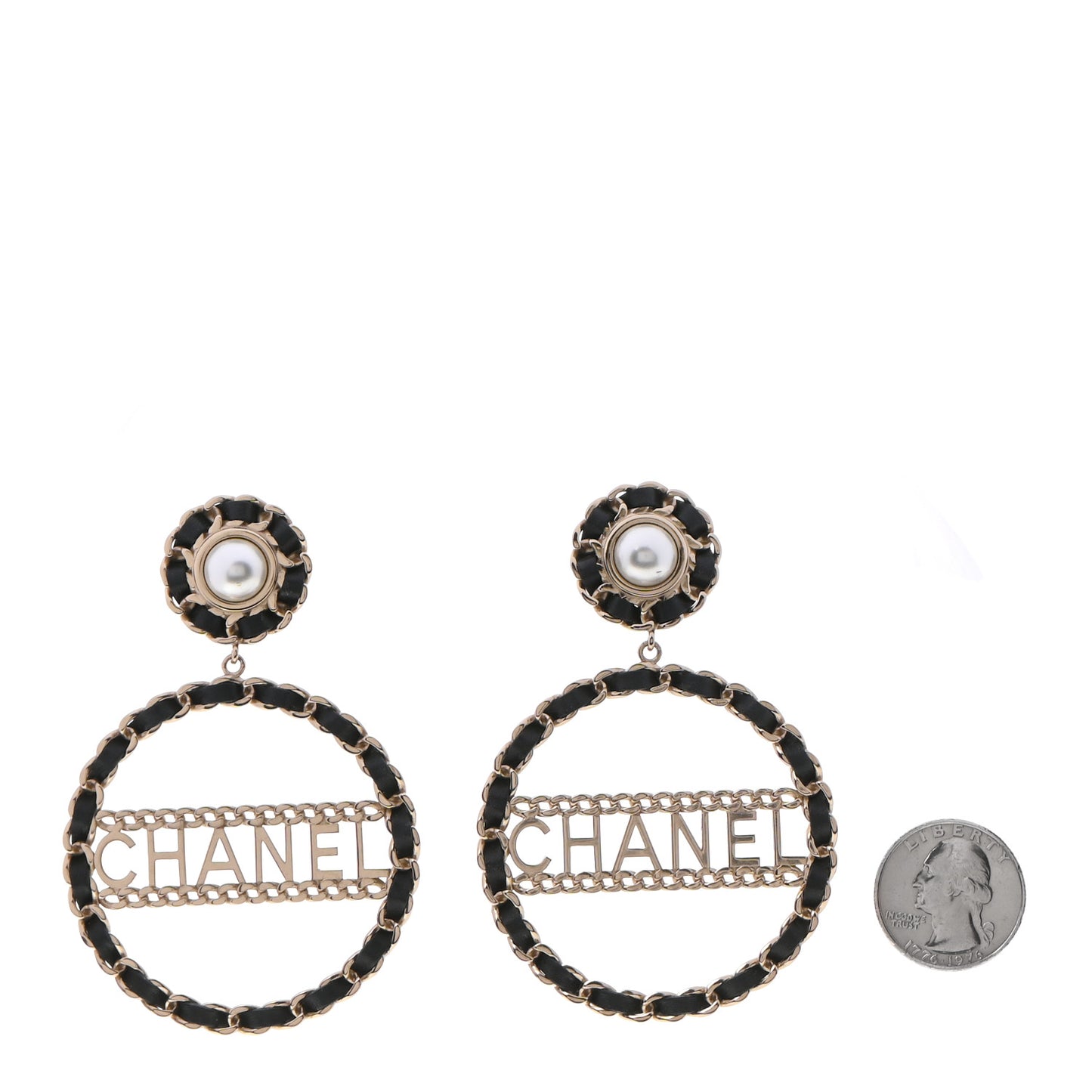 Pearl Lambskin Chain Logo Hoop Clip On Earrings Black Gold